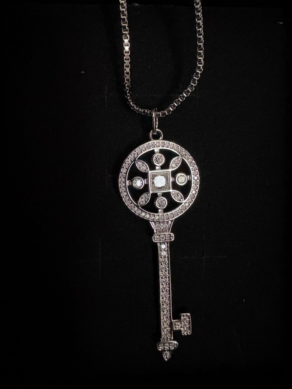 Sterling Silver Key Pendant Necklace with Moissanite Stones - Women Jewelry